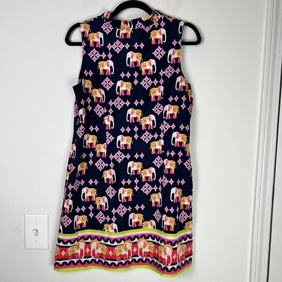 Crown & Ivy Elephant Print Ruffled Neck Shift Dress Petite 6P Sleeveless - Picture 8 of 13